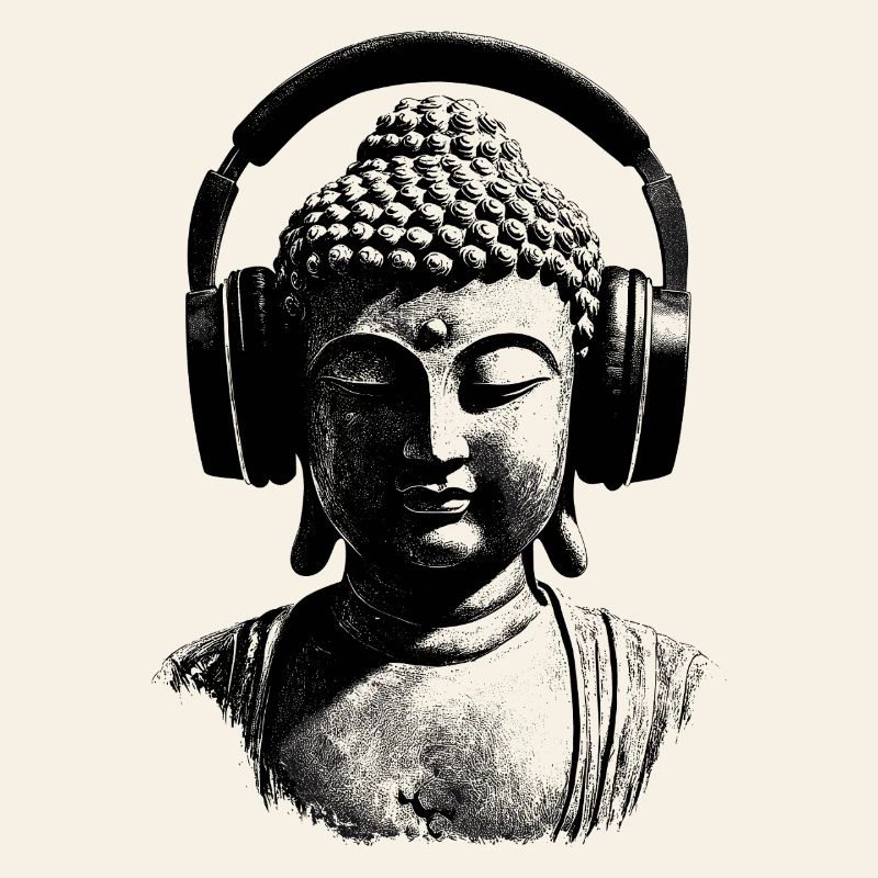 Buddha mit Kopfhörern Achtsamkeit Musik Boho Zen