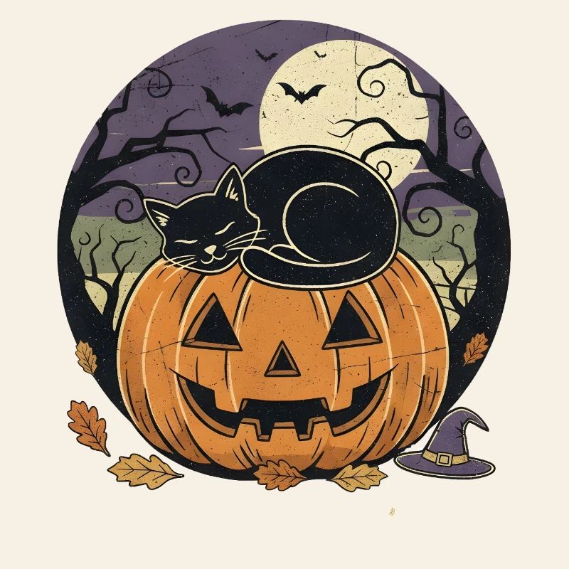 Chat noir dormant sur une lanterne jack-o | Halloween
