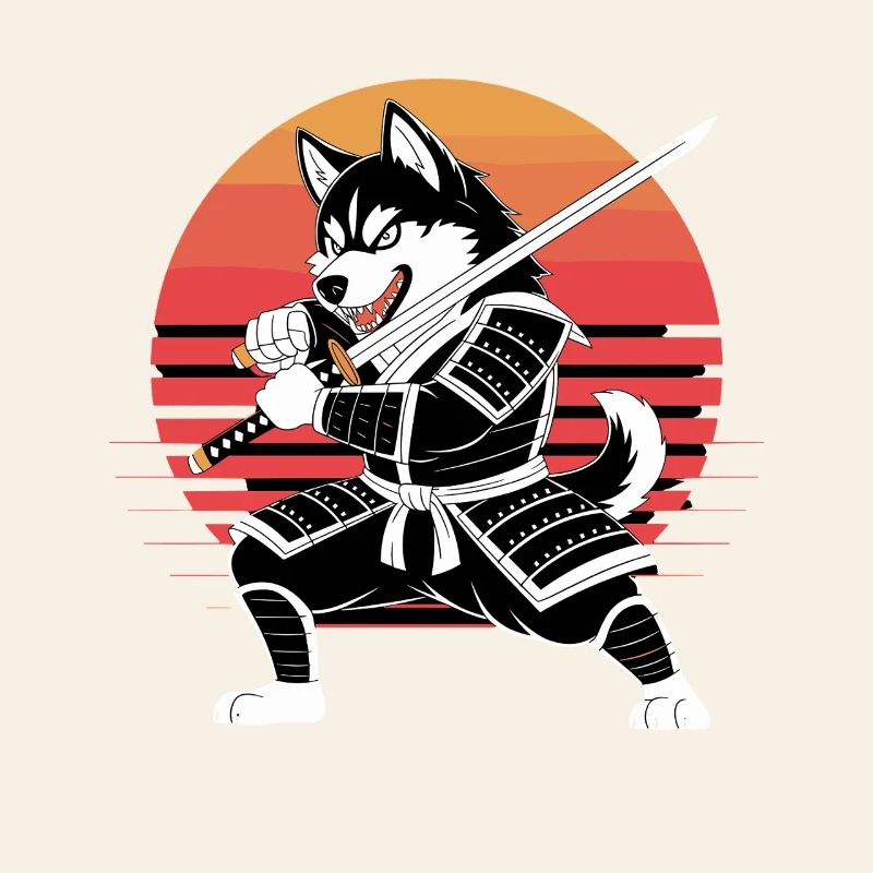 Husky Samurai Warrior With Katana Before Retro