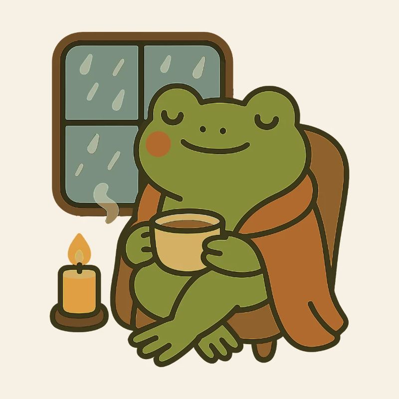 Frog with Tea at the Window – Cozy Rain Day