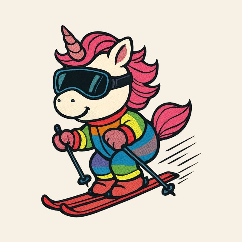 süßes Ski-Einhorn im Regenbogenanzug