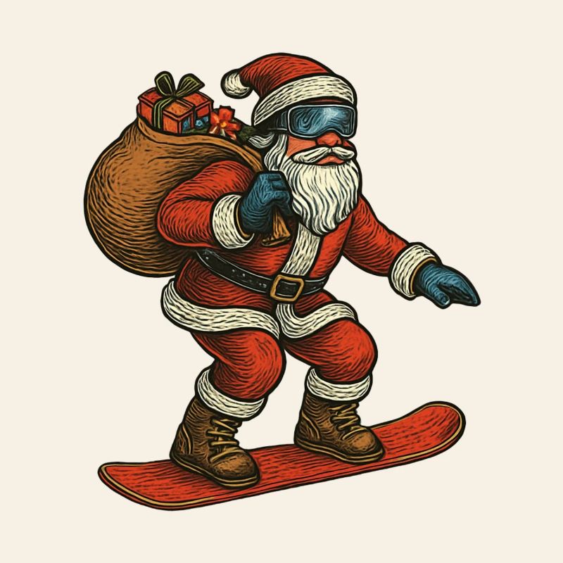Weihnachtsmann auf Snowboard mit Geschenken