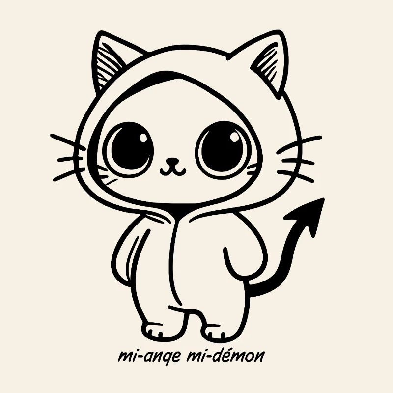 Kawaii-Katze im schwarzen Kapuzenpullover, halb Engel, halb Dämon