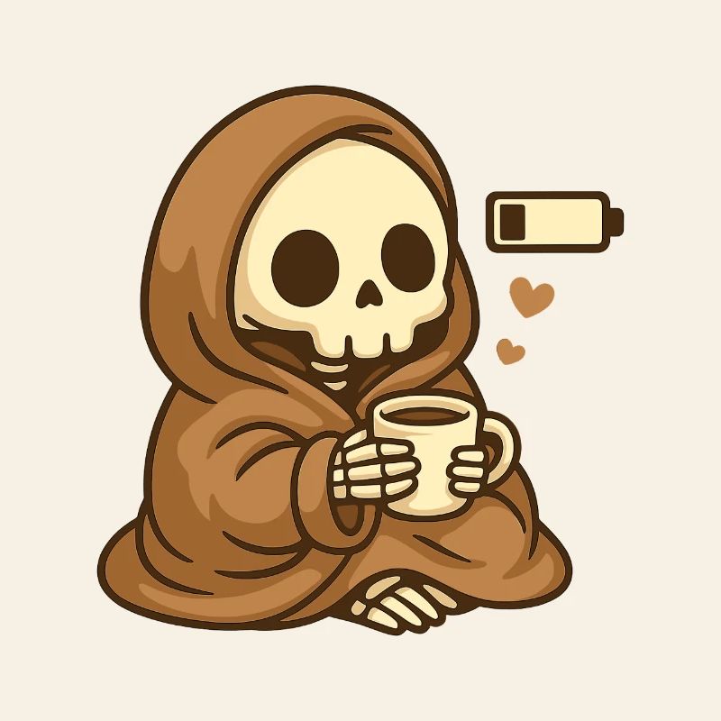 Low Battery Skeleton – Cozy Coffee