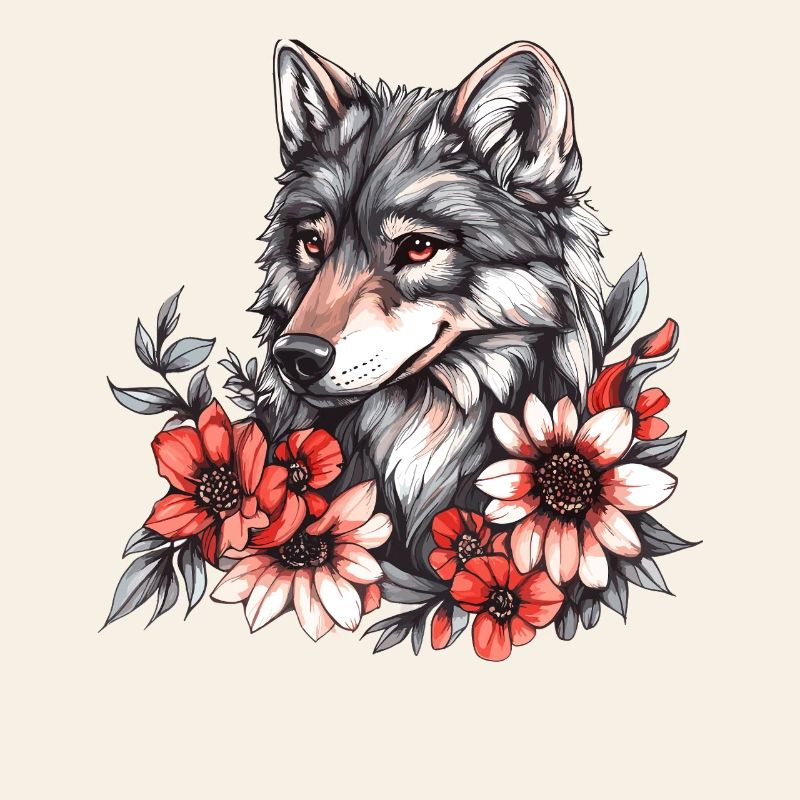 Loup avec une couronne de fleurs