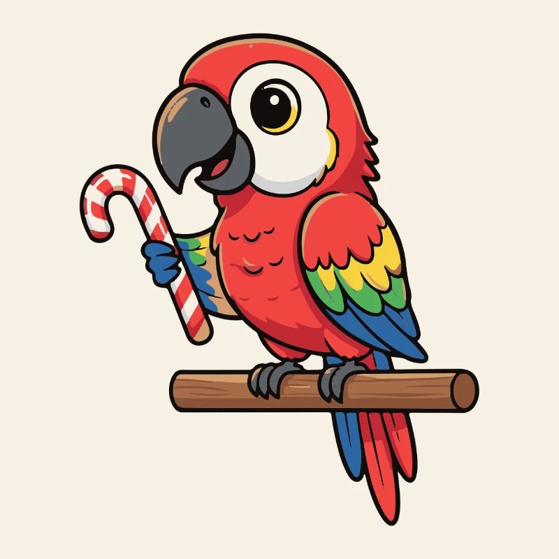 Cheerful parrot with candy cane