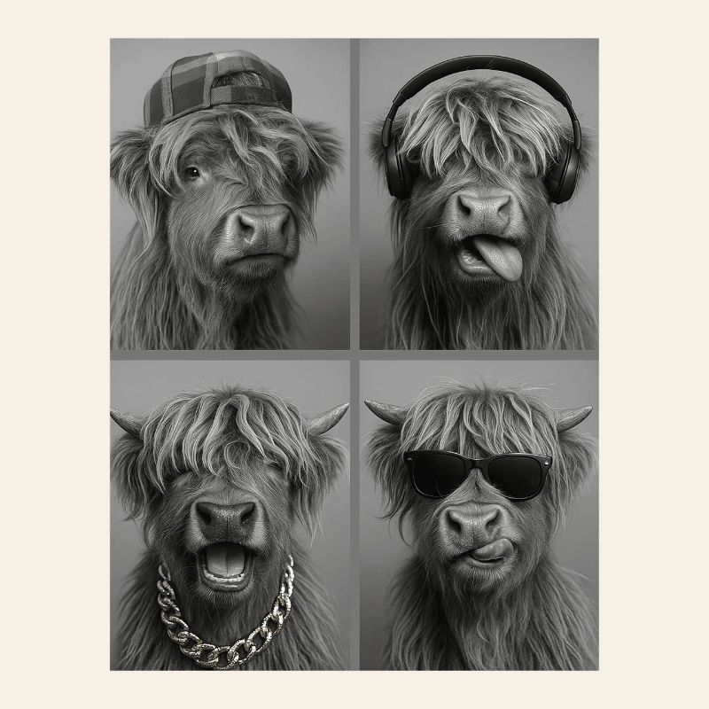 Beef Highland Cow Four Faces Collage