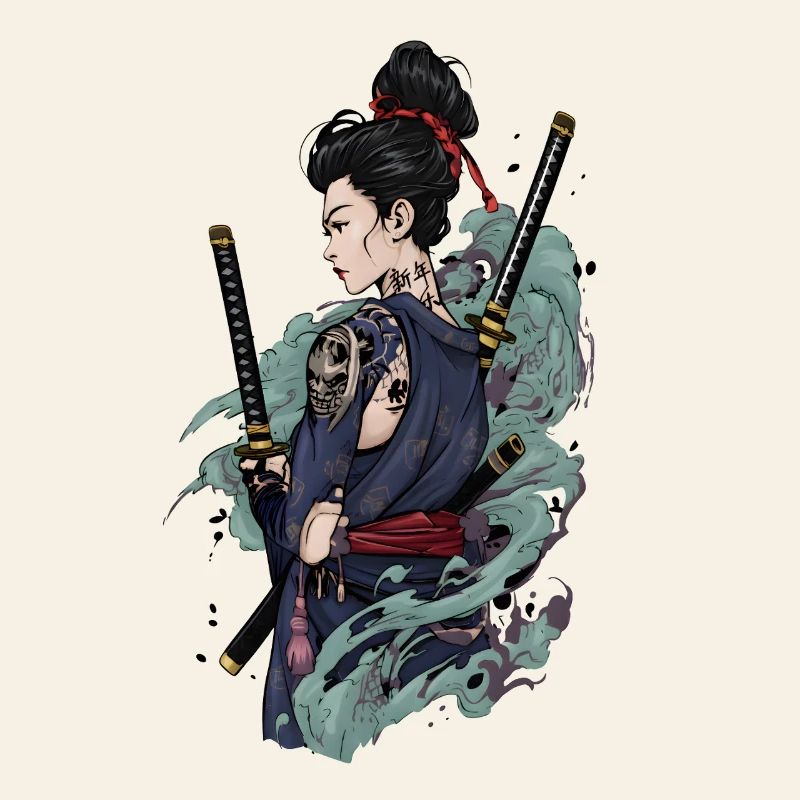 Samurai Warrior with Katana & Oni Tattoo Design