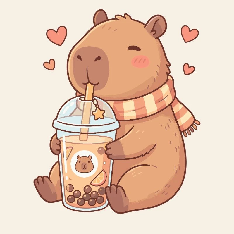 Cozy Kawaii Capybara Sips Boba Tea