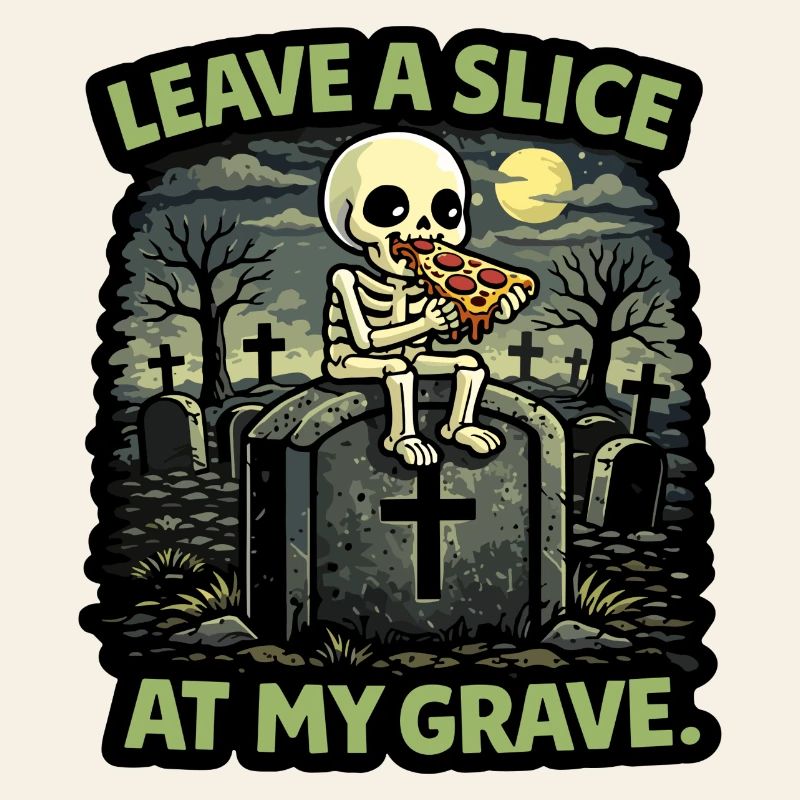 Squelette de pierre tombale mangeant une part de pizza sur la tombe