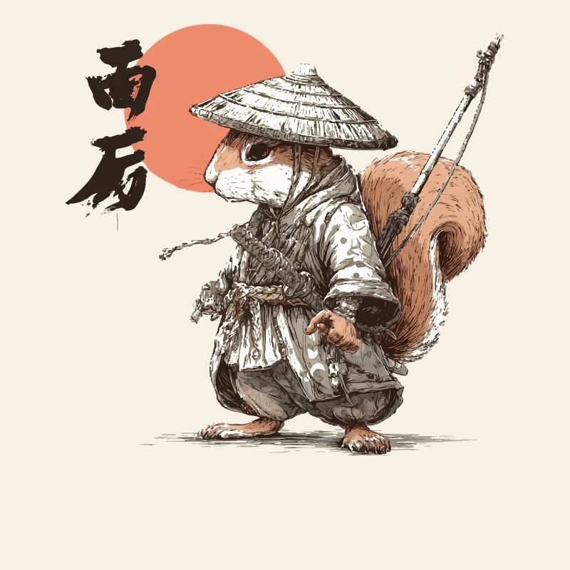 Samurai-Eichhörnchen unter roter Sonne