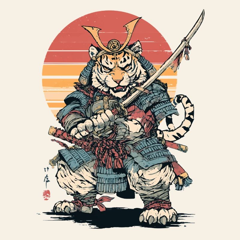 Tiger Samurai in Armor at Sunset
