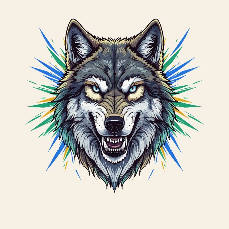 Wolfskopf mit bunten Strahlen