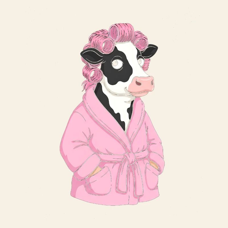 Cow in pink bathrobe with curls