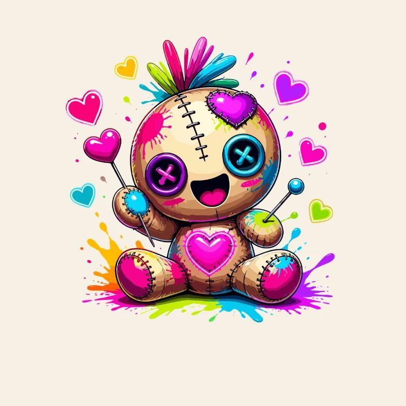 Patchwork cuddly toy with neon hearts