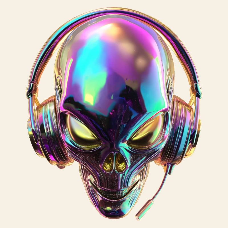 Chromatischer Alien-Kopf mit Kopfhörern