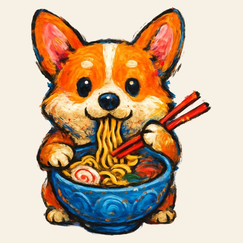 Corgi Eats Ramen Noodles