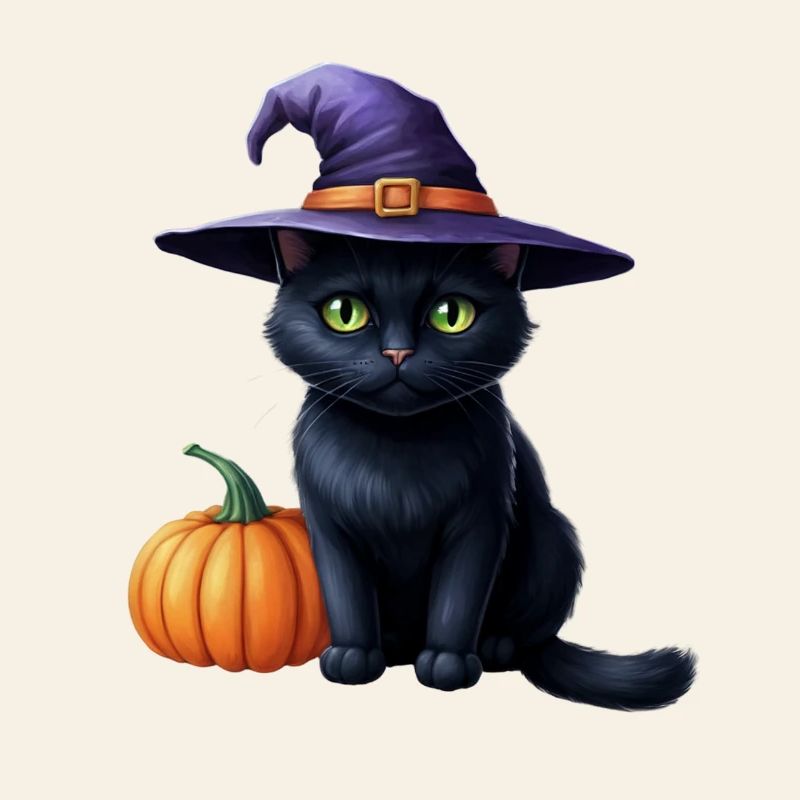 Chat sorcière avec citrouille