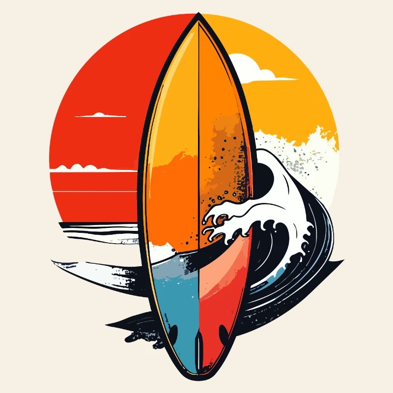 Motif surfeur de vagues rouges de coucher de soleil sur planche de surf