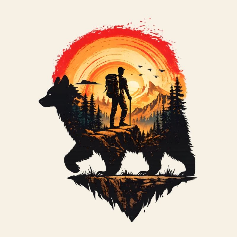 Hiker and Bear at Sunset