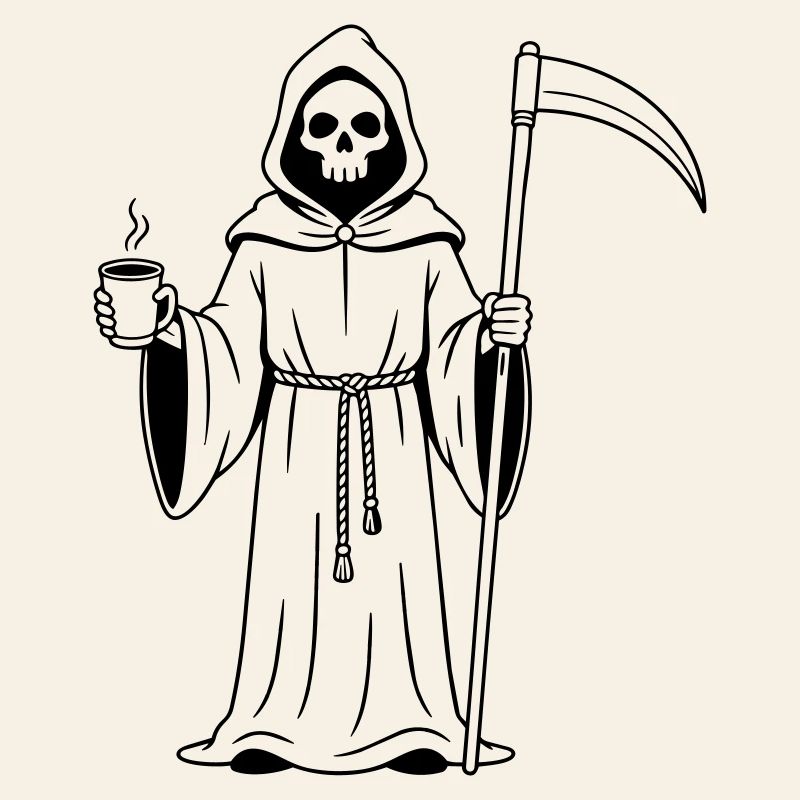 Grim Reaper with a cup of coffee
