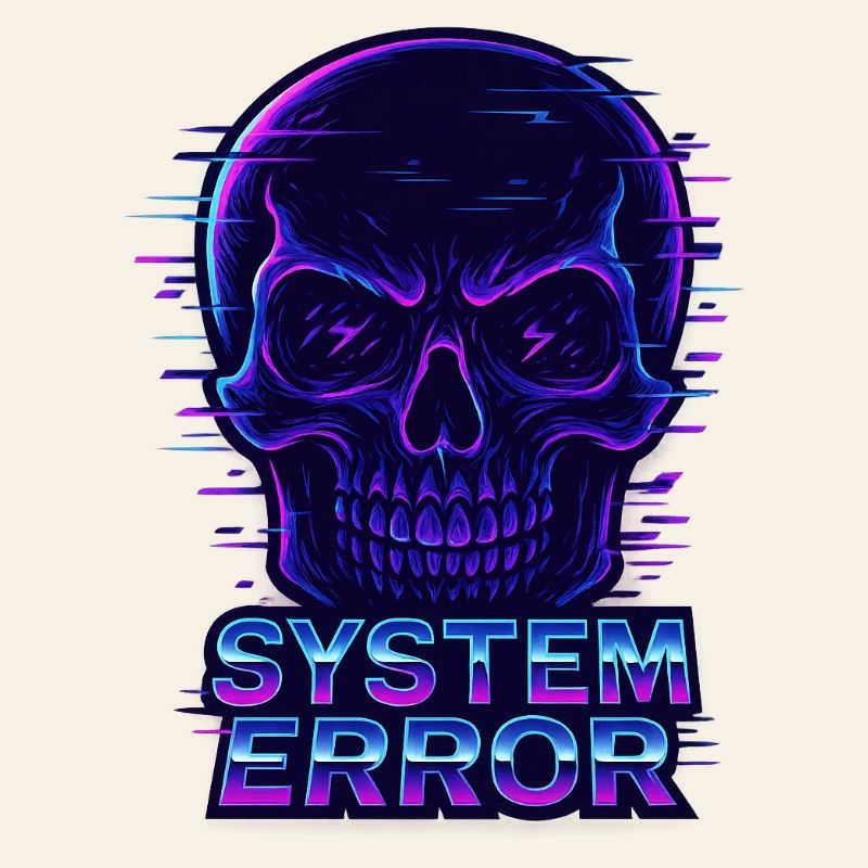 Neon Glitch Schädel mit Systemfehlertext