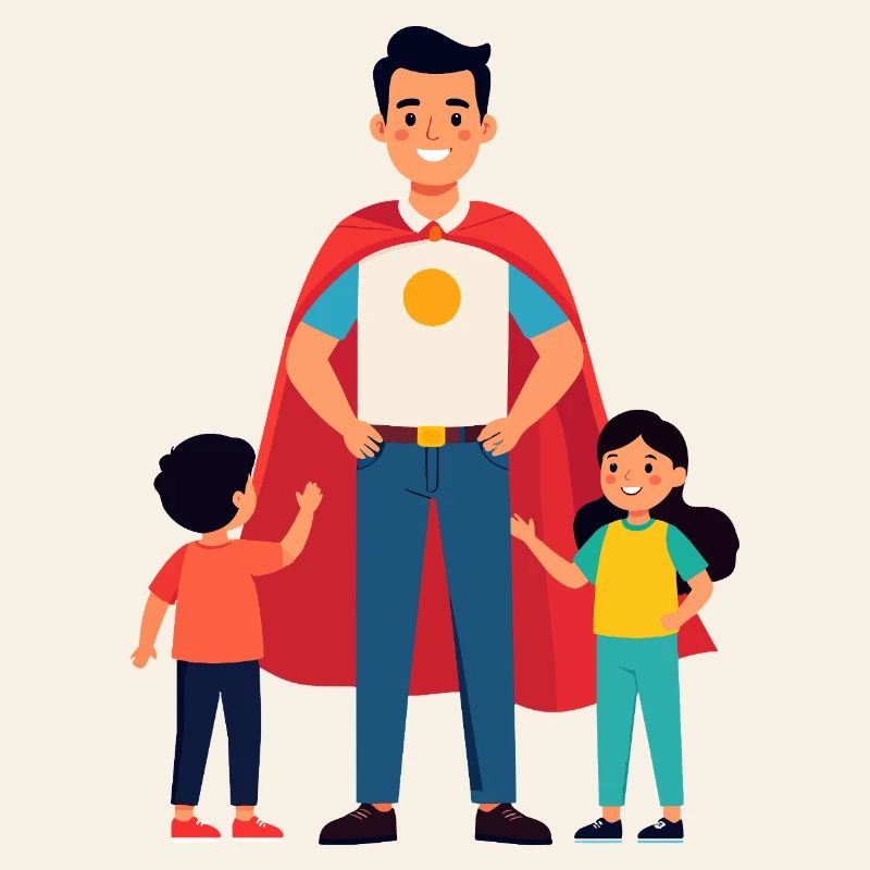 Erzieher Held oder Heldenvater mit Cape und Kinder