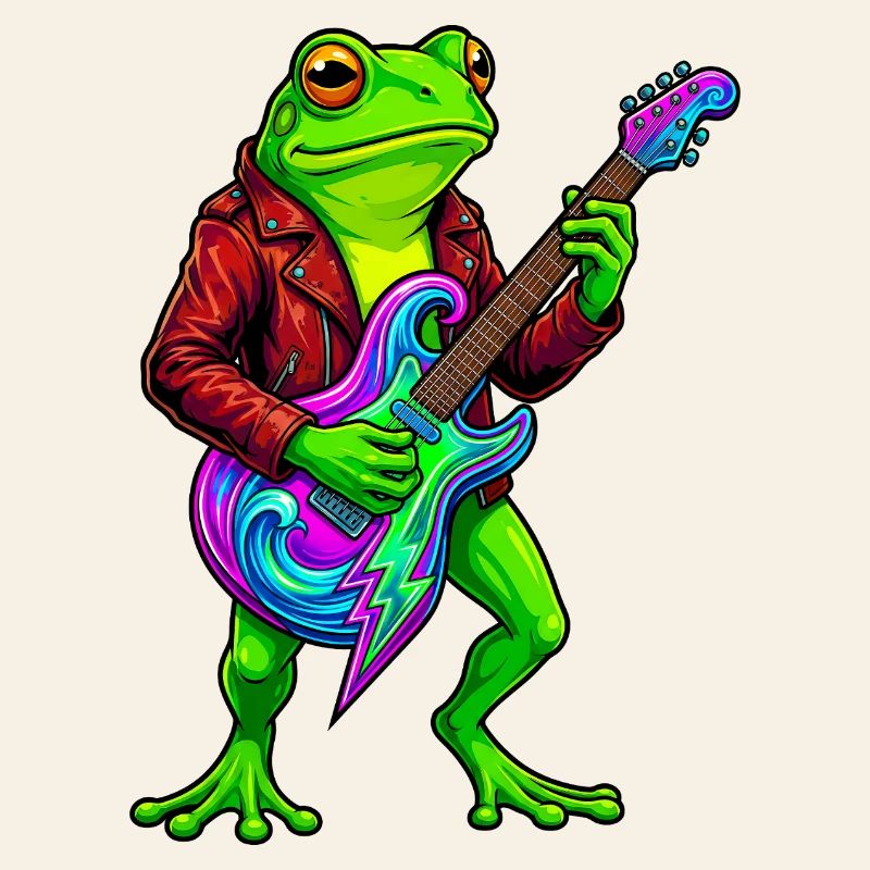 Frosch mit Jacke und Neon E-Gitarre