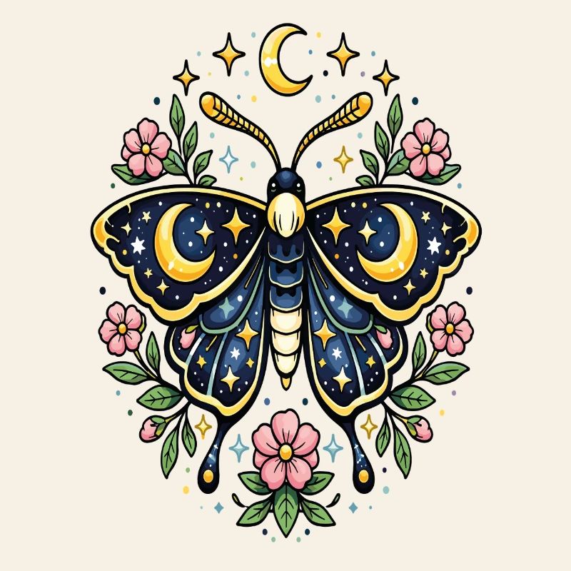 Papillon céleste lune fleurs étoiles