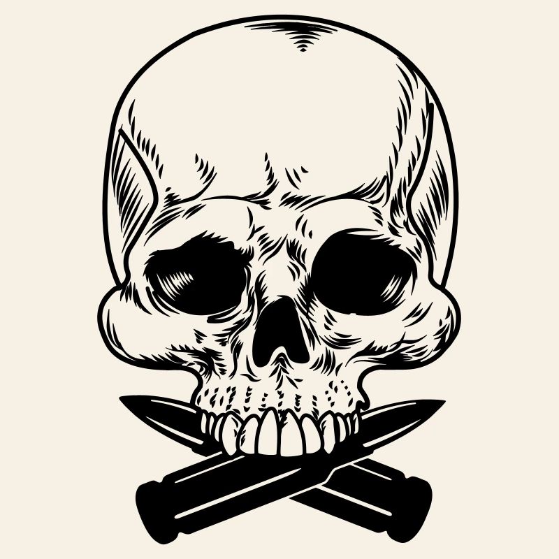 Skull with two bullets crossed under the teeth