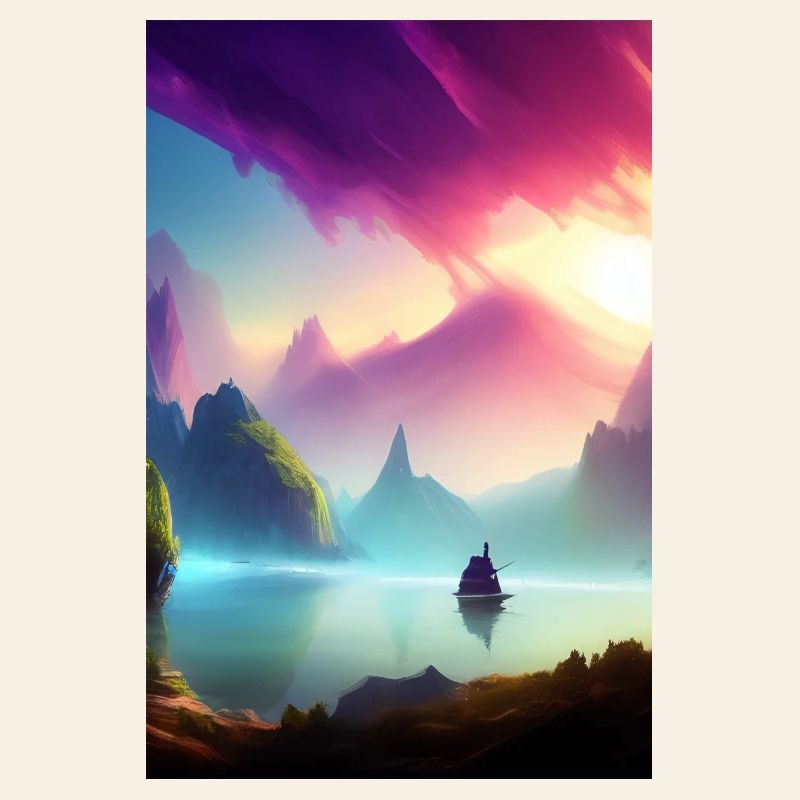 Landschaft mit See, Boot und Berge