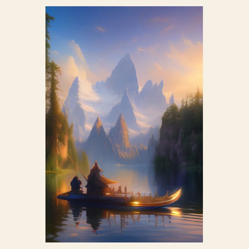 Landschaft mit See, Boot und Berge