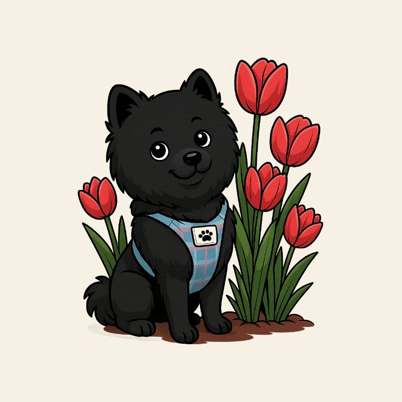 Cute Spitz Dog with Tulips