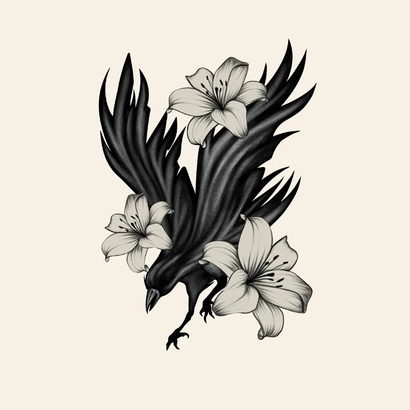 Corbeau noir avec lys blancs