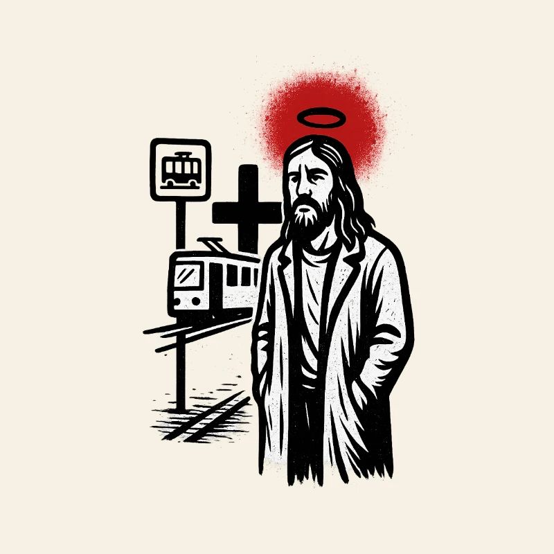 Saint over the Neon tram