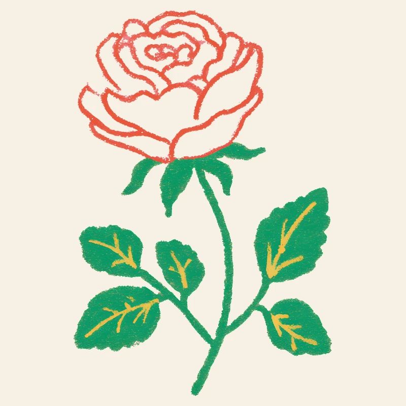 Crimson Rose Linework on Green Stem