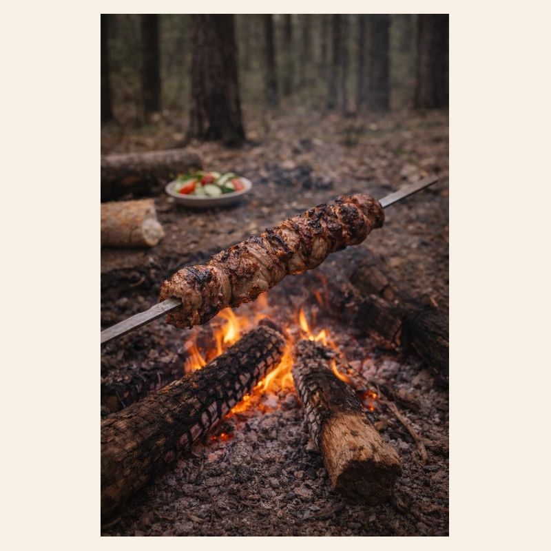 Brochette au feu de camp dans la forêt
