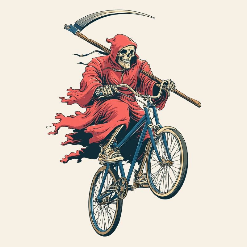 Skeleton in red cape on bicycle