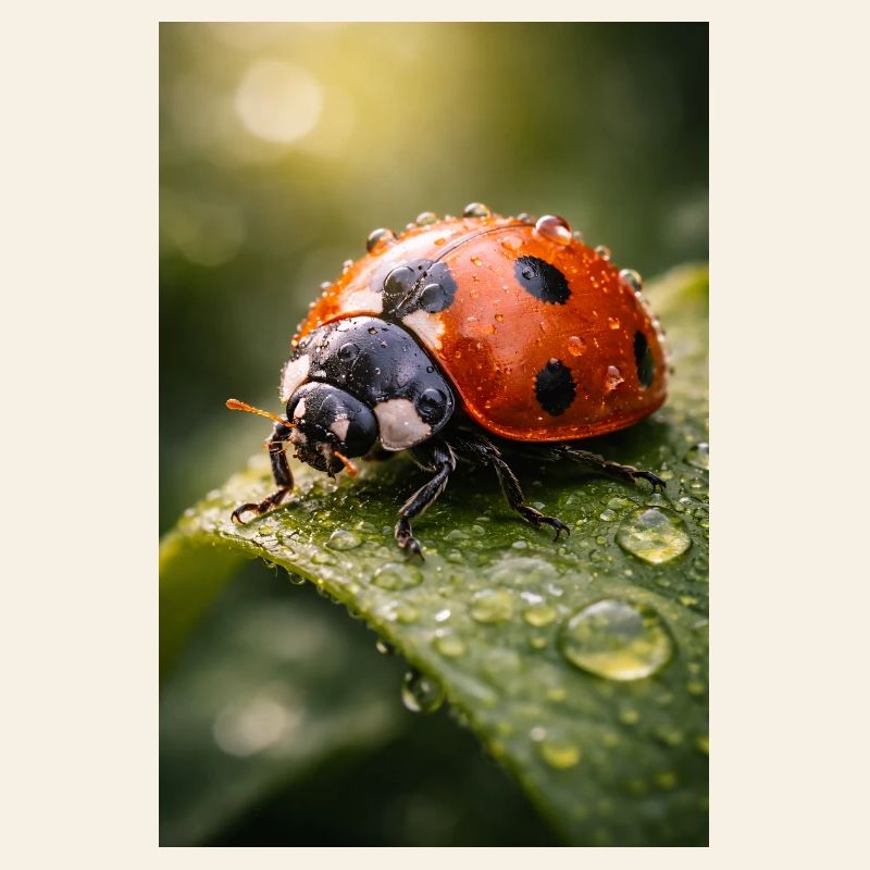 Red ladybug on dewdrops
