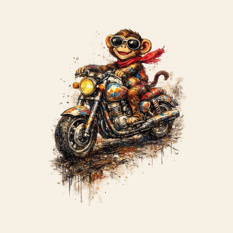Affe auf bunter Motorradfahrt