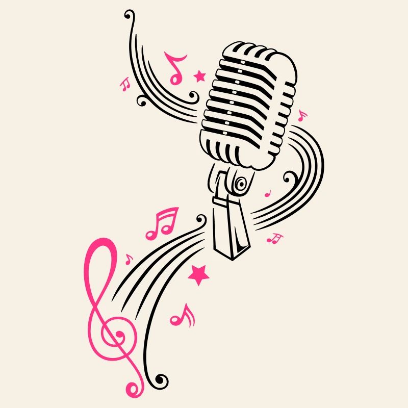 Retro microphone with music notes and clef.