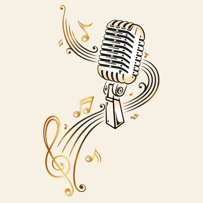 Retro microphone with music notes and clef.