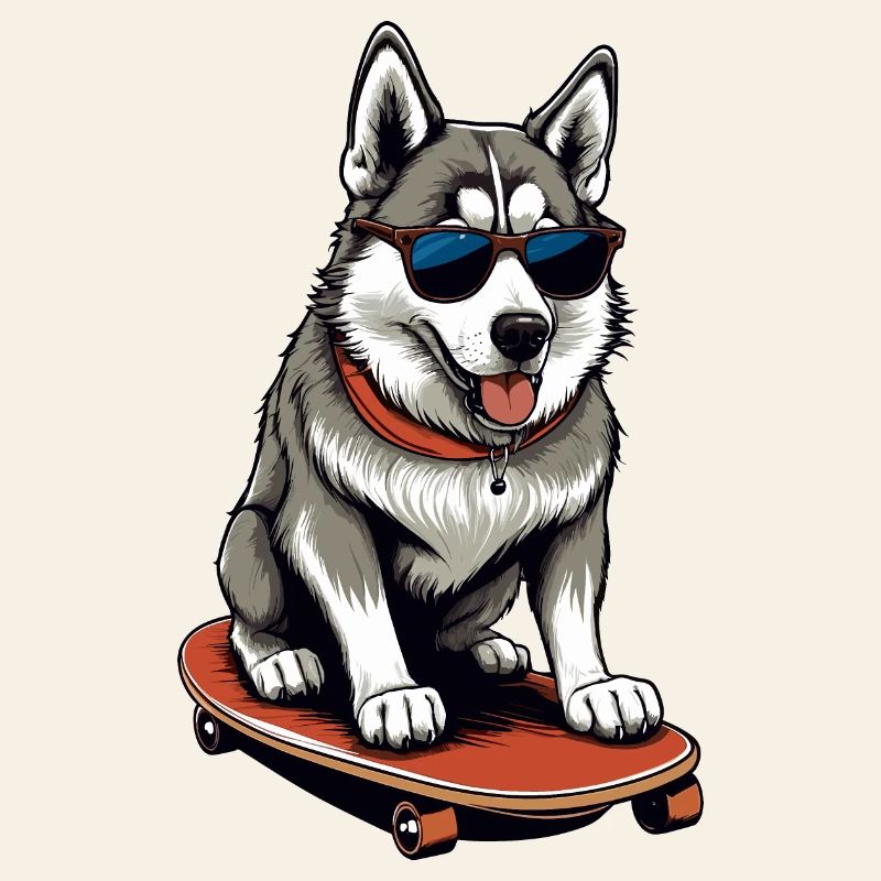 Cute husky on skateboard