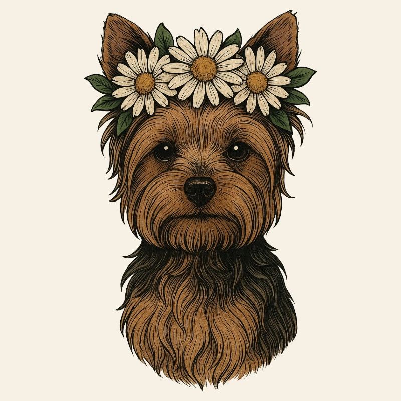 Yorkshire Terrier mit Gänseblümchenkrone