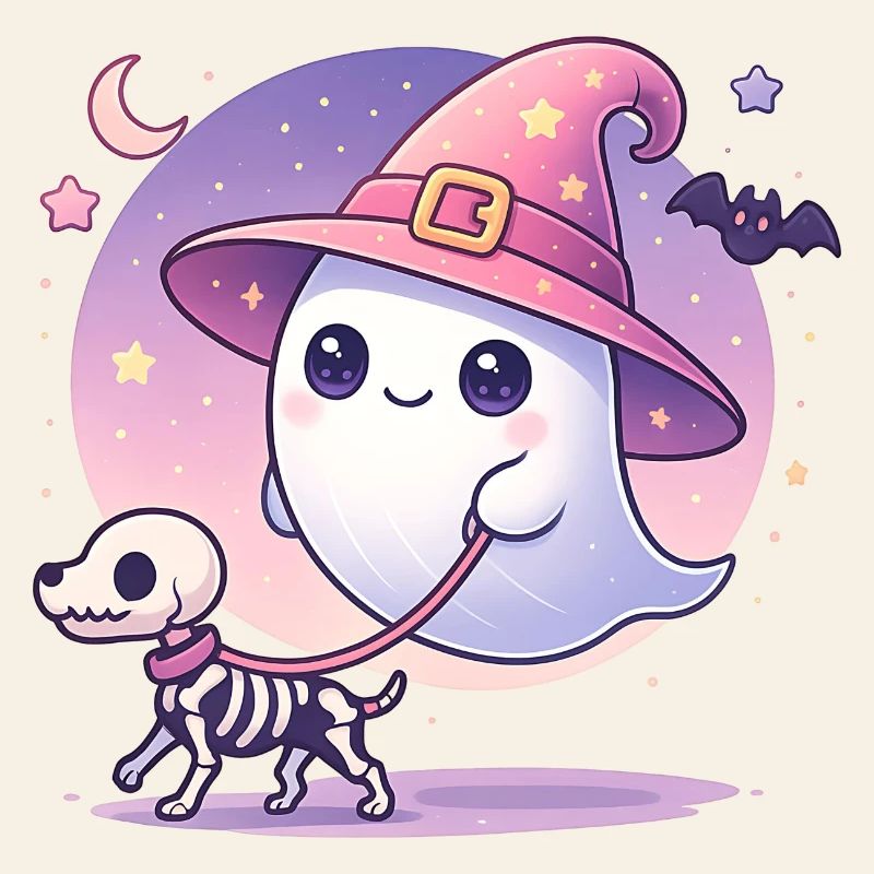 Fantôme de sorcière rose avec chien squelette – Halloween