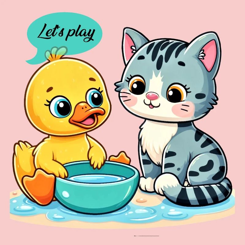 Whimsical Duck and Cat Play Scene