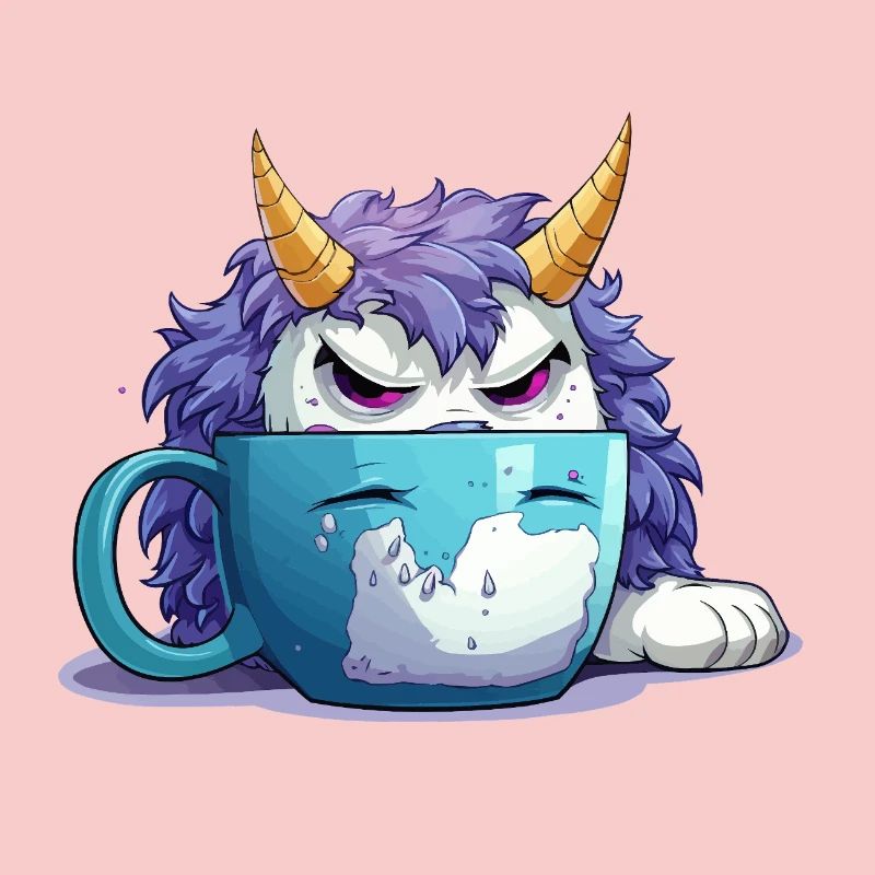 Grumpy monster in a coffee mug