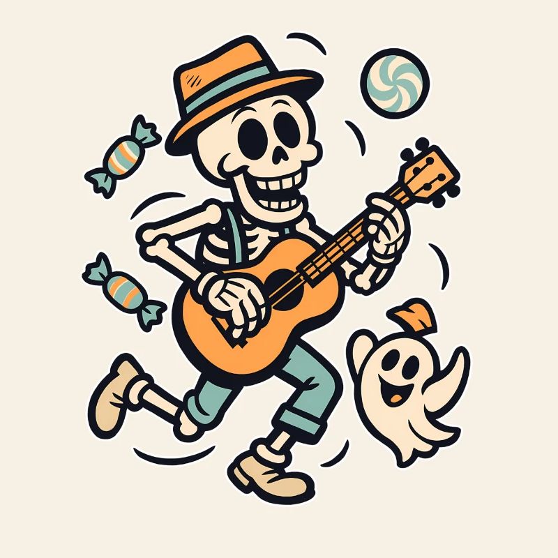 Skeleton with guitar and ghost hat