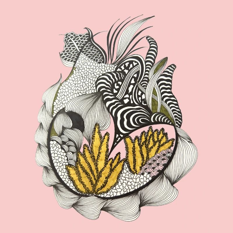 Black and White Leaf Pattern Yellow Accent