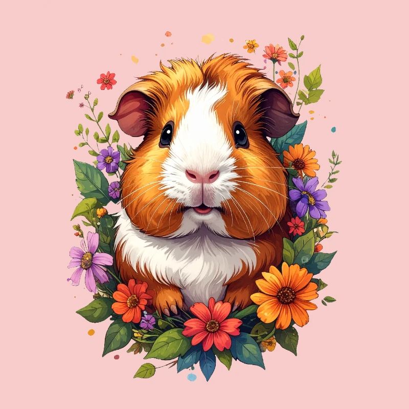 Petit cochon d’Inde mignon entouré de fleurs